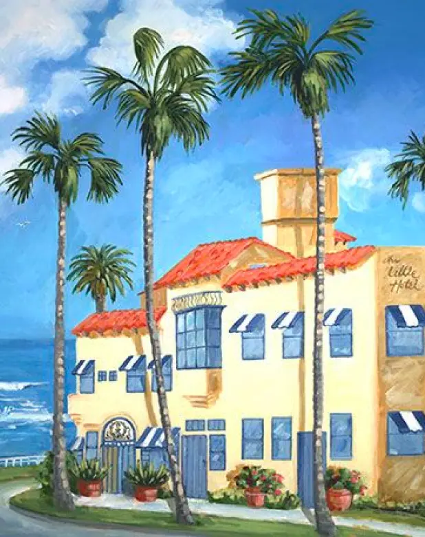 Colorful-painting-of-the-hotel-buildnig A colorful painting of the hotel building with palm trees and the ocean in the back