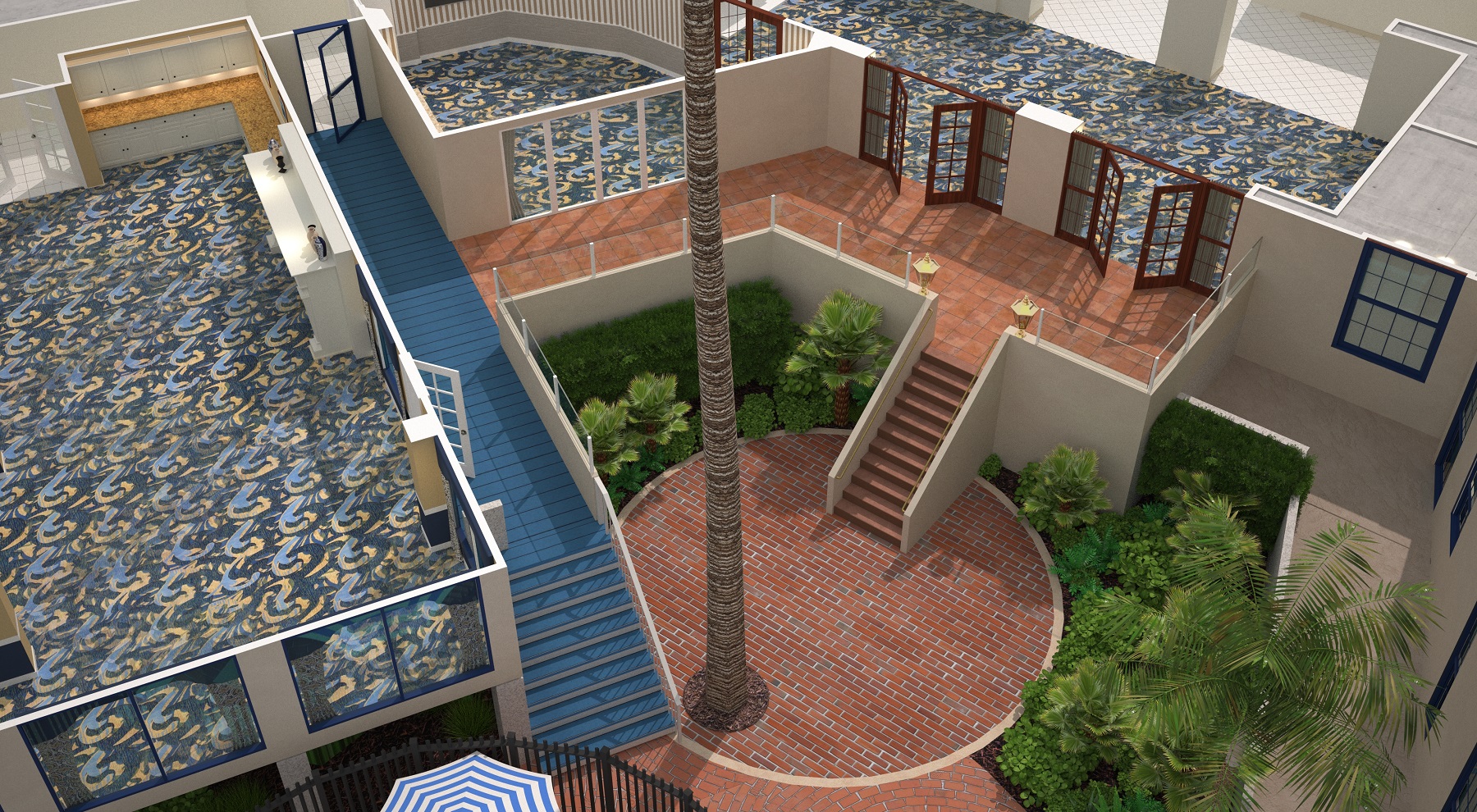 Grande-Terrace Layout of the the second floor of the hotel showing the different meeting rooms and the courtyard with a palm tree in the middle of the image.