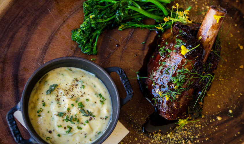 NINE-TEN Braised Colorado Lamb Shank with Potted Polenta and Mushroom Cream