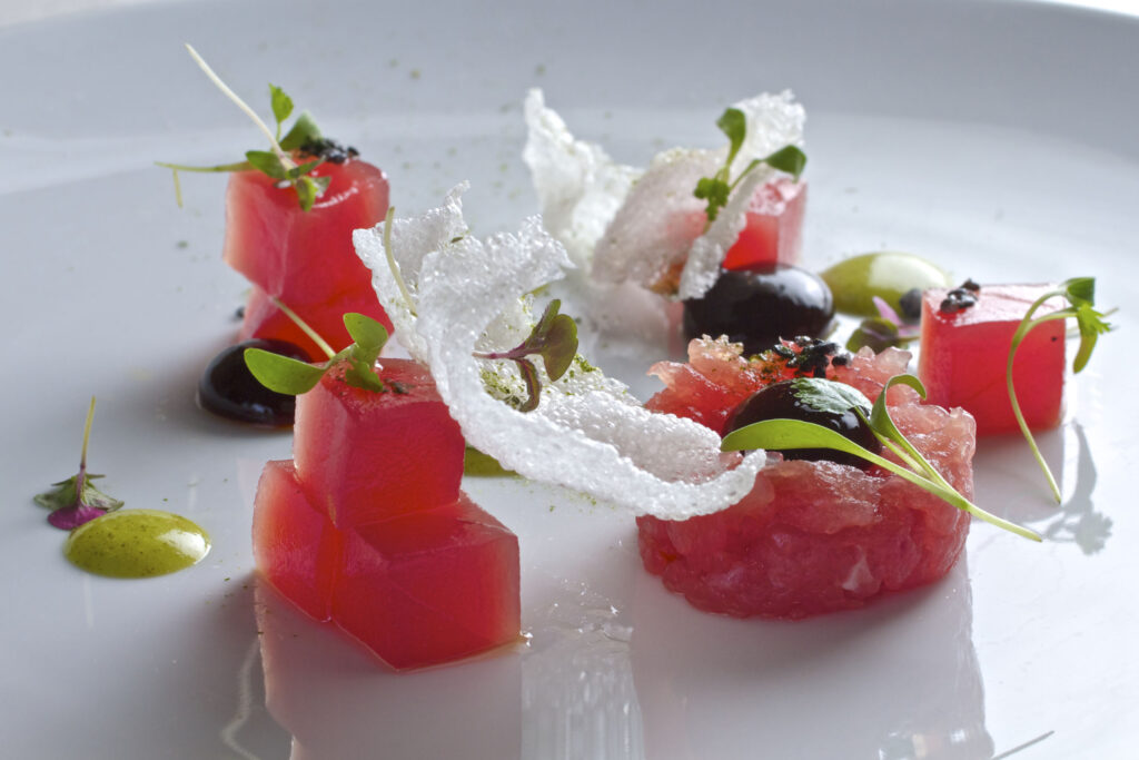 NINE TEN Tuna Tartare with Shiso Nori Salt Puffed Rice Ponzu Sesame Seeds Cilantro Chili Oil