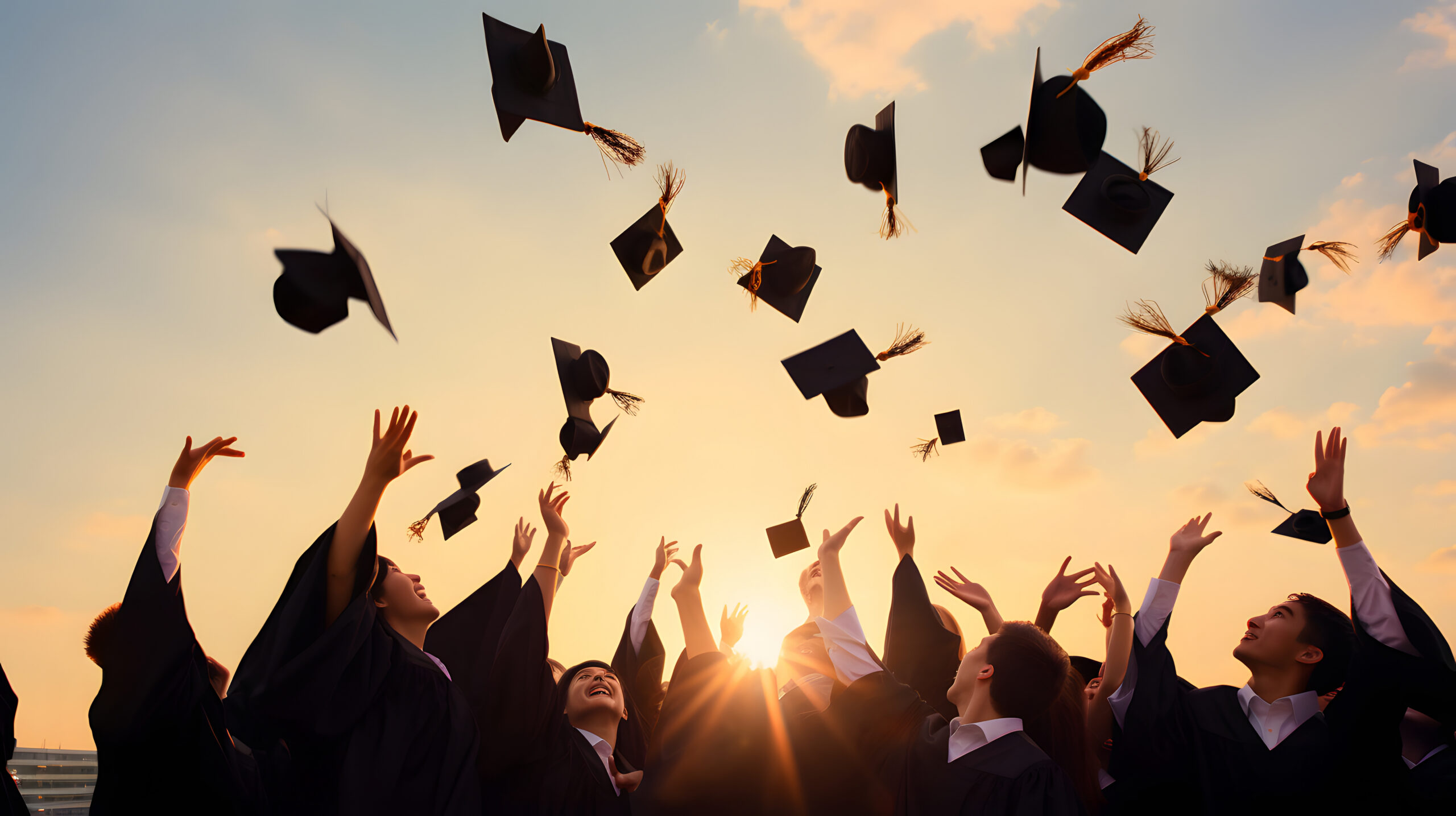 Photo of graduates throwing caps in air