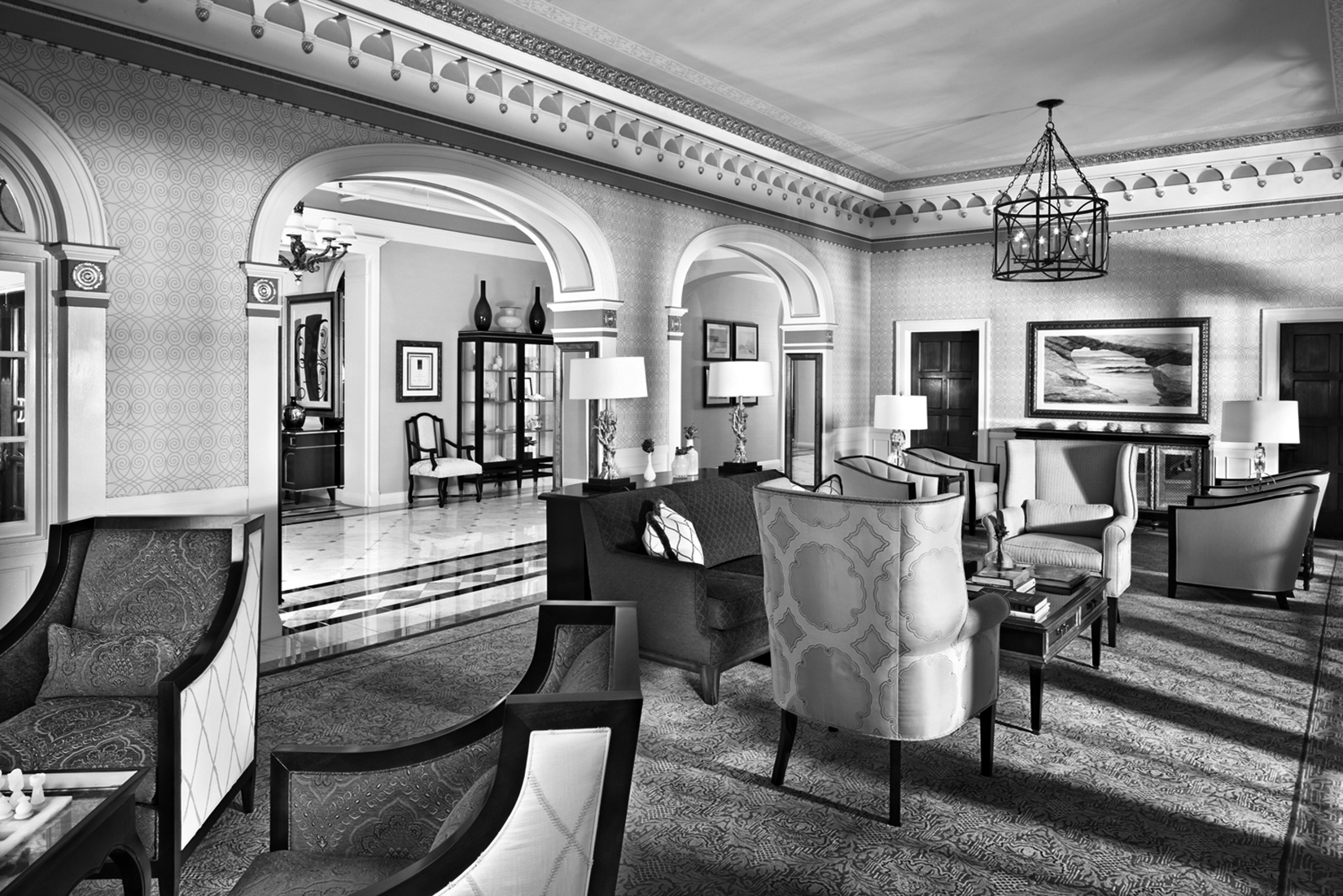 photo of lobby in black and white
