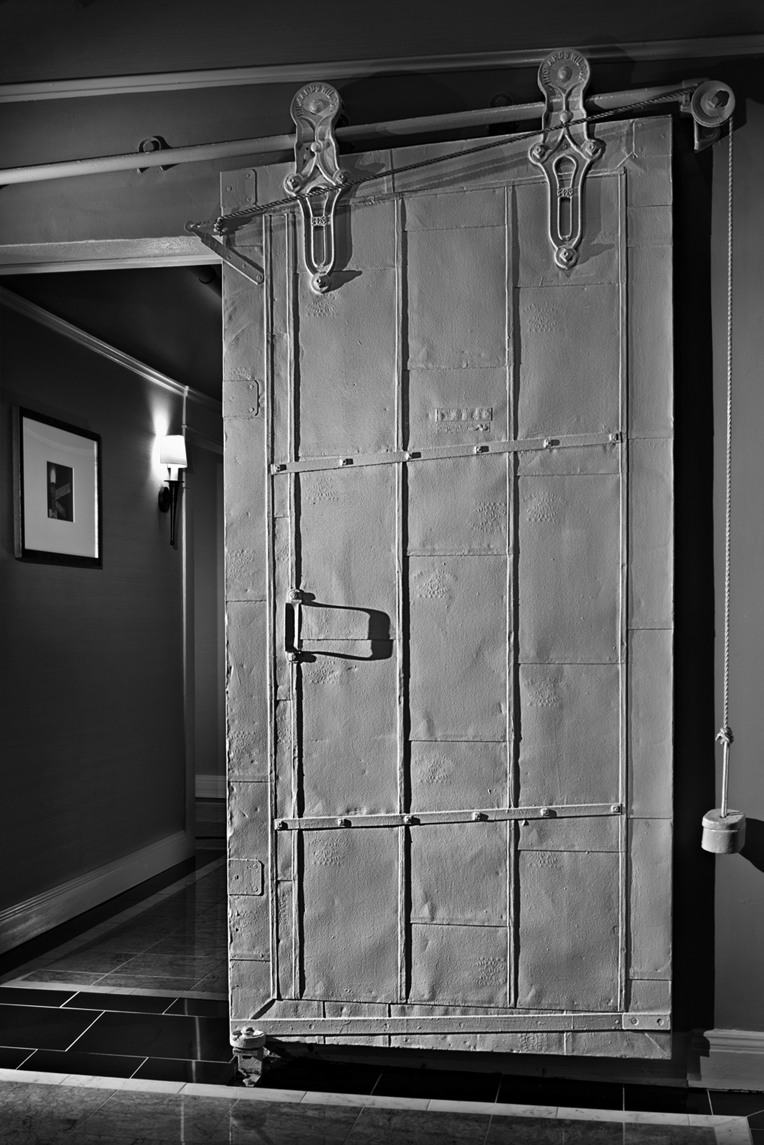 photo of original fire door leading to north annex in black and white
