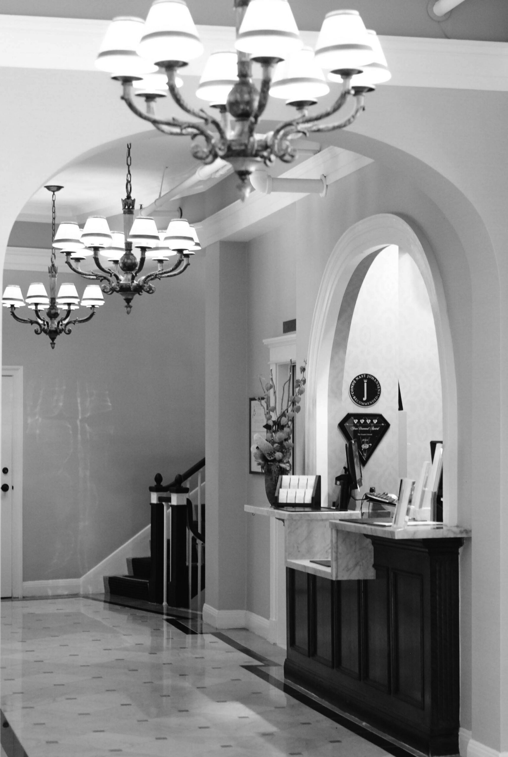 front desk photo in black and white